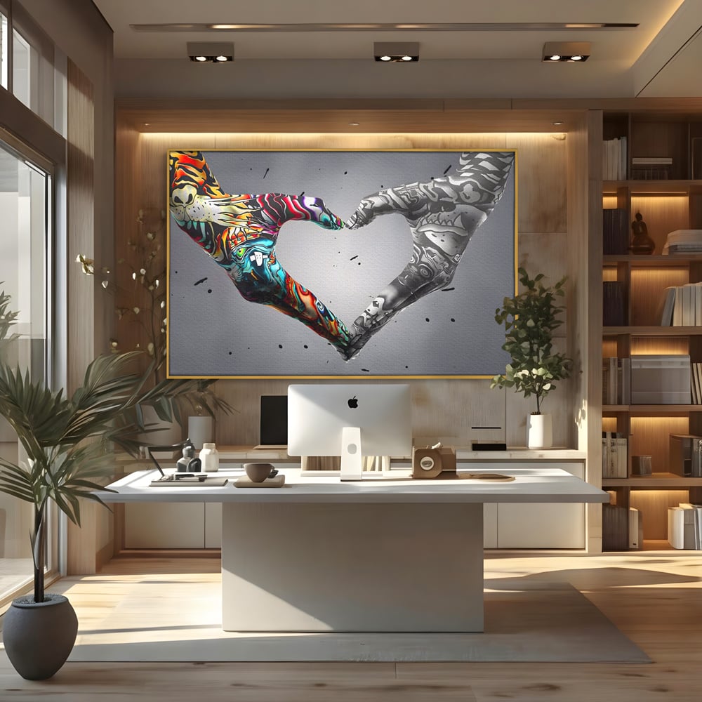 Tablou canvas cu tablou canvas cu maini in forma de inima stil grafitti, in rama de aluminiu auriu, pe perete intr-un birou